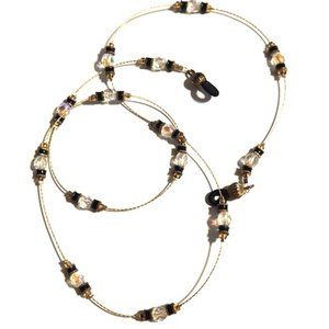 Vintage 27" Gold Thin Chain with Clear Crystals and Black Beads EyeGlasses Chain